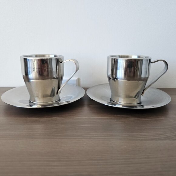 BREVILLE Cafe Roma Espresso Set Cups/Mugs Saucers Stainless Steel Double Wall - Picture 1 of 4